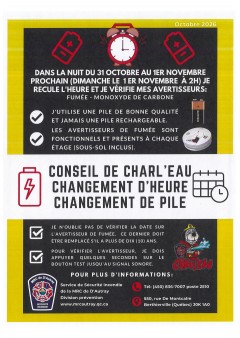 2026-09-08 Dans la nuit du 31 octobre au 1er novembre prochain (dimanche le 1er novembre à 2h) je recule l'heure et je vérifie mes avertisseurs : fumée - monoxyde de carbone