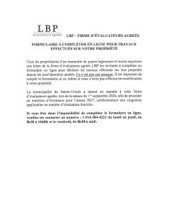 LETTRE DE LA FIRME LBP - FORMULAIRE À COMPLÉTER EN LIGNE - TRAVAUX SUR VOTRE PROPRIÉTÉ