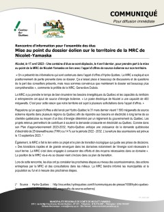 Mise au point du dossier éolien sur le territoire de la MRC de Nicolet-Yamaska