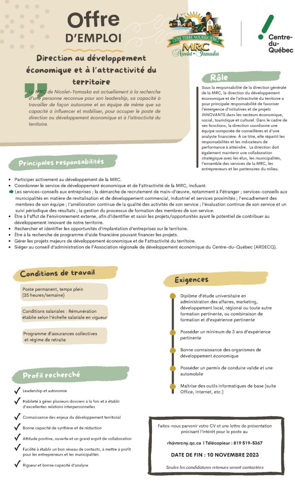 Offre d’emploi pour le poste de direction au développement économique - MRC Nicolet-Yamaska