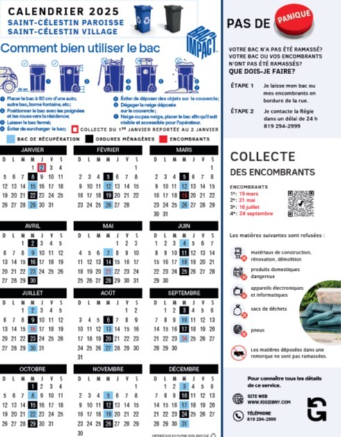 Calendrier des collectes des matières résiduelles de la RIGIDBNY pour 2025