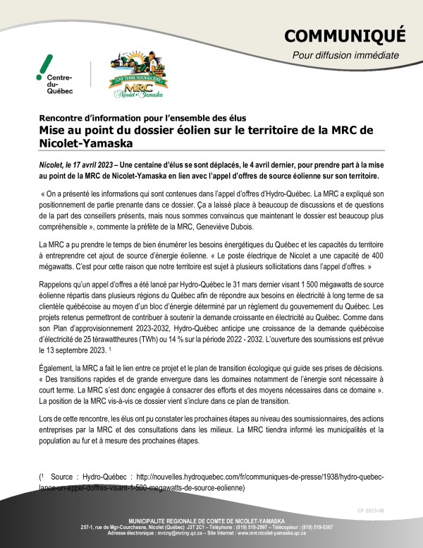 Mise au point du dossier éolien sur le territoire de la MRC de Nicolet-Yamaska